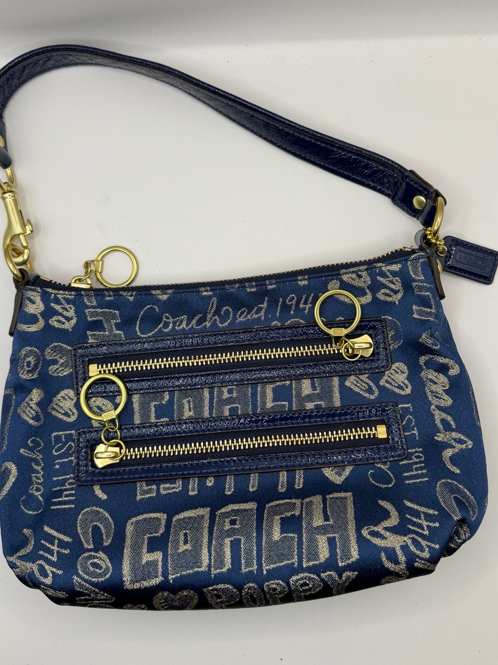 Coach Navy Scribble Logo Shoulder Bag with Gold Hardware